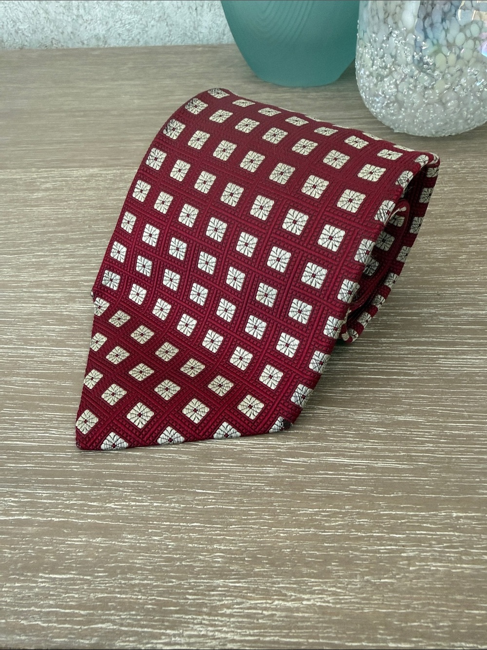 Robert Talbott Burgundy Silk Tie with Cream Geometric Squares. 4”